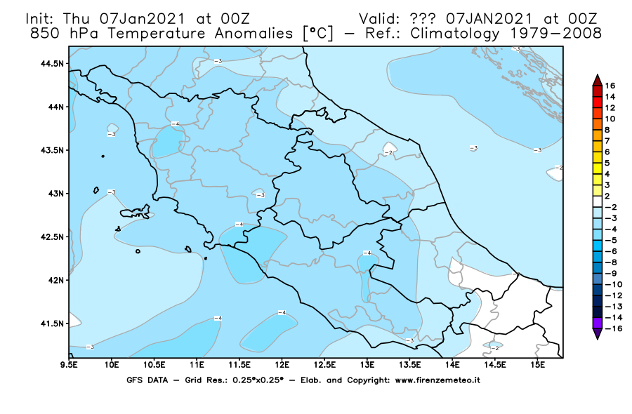 Mappa di analisi GFS - Anomalia Temperatura [°C] a 850 hPa in Centro-Italia
							del 07/01/2021 00 <!--googleoff: index-->UTC<!--googleon: index-->