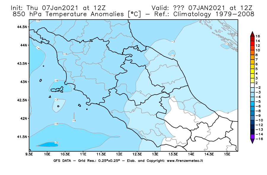 Mappa di analisi GFS - Anomalia Temperatura [°C] a 850 hPa in Centro-Italia
							del 07/01/2021 12 <!--googleoff: index-->UTC<!--googleon: index-->