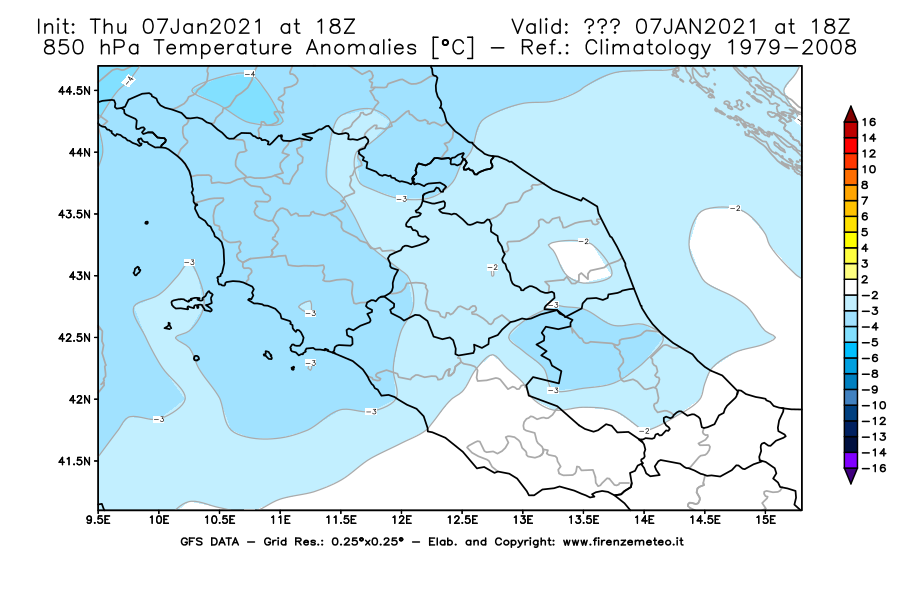 Mappa di analisi GFS - Anomalia Temperatura [°C] a 850 hPa in Centro-Italia
							del 07/01/2021 18 <!--googleoff: index-->UTC<!--googleon: index-->