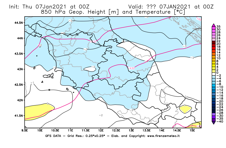 Mappa di analisi GFS - Geopotenziale [m] e Temperatura [°C] a 850 hPa in Centro-Italia
							del 07/01/2021 00 <!--googleoff: index-->UTC<!--googleon: index-->