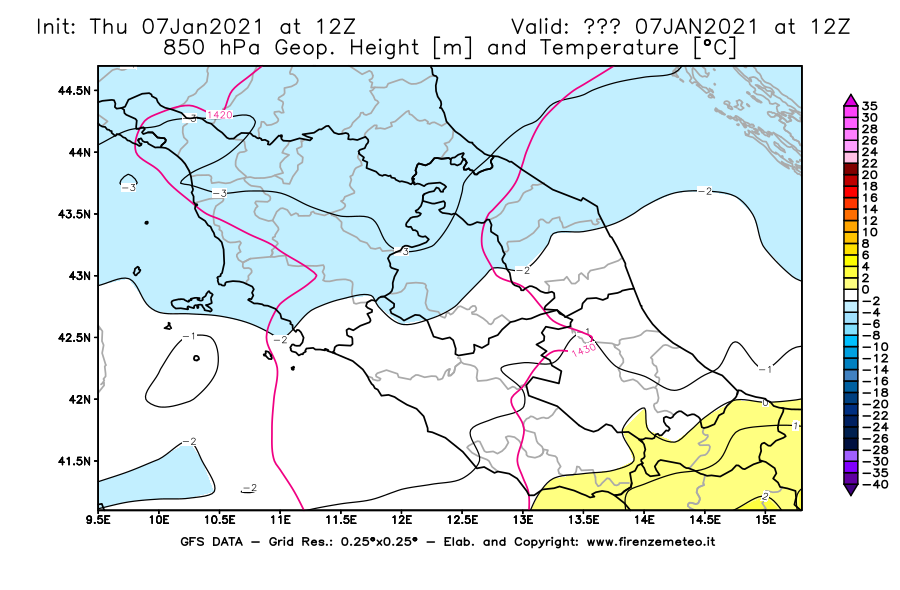 Mappa di analisi GFS - Geopotenziale [m] e Temperatura [°C] a 850 hPa in Centro-Italia
							del 07/01/2021 12 <!--googleoff: index-->UTC<!--googleon: index-->