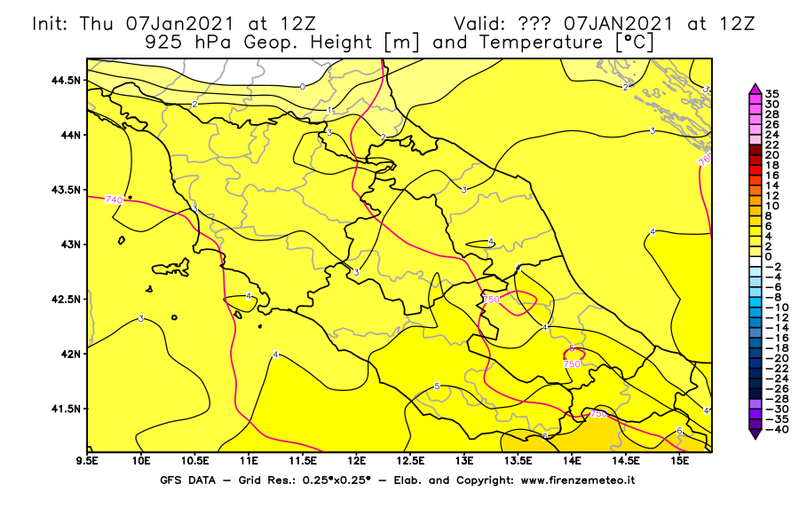 Mappa di analisi GFS - Geopotenziale [m] e Temperatura [°C] a 925 hPa in Centro-Italia
							del 07/01/2021 12 <!--googleoff: index-->UTC<!--googleon: index-->