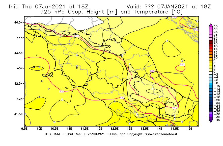 Mappa di analisi GFS - Geopotenziale [m] e Temperatura [°C] a 925 hPa in Centro-Italia
							del 07/01/2021 18 <!--googleoff: index-->UTC<!--googleon: index-->