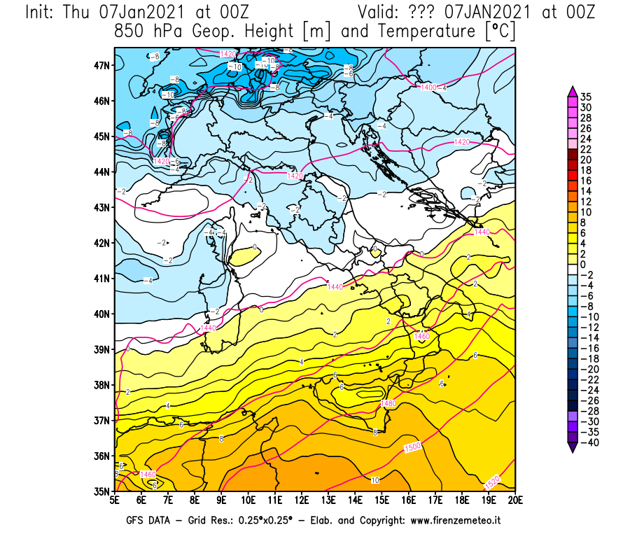 Mappa di analisi GFS - Geopotenziale [m] e Temperatura [°C] a 850 hPa in Italia
							del 07/01/2021 00 <!--googleoff: index-->UTC<!--googleon: index-->