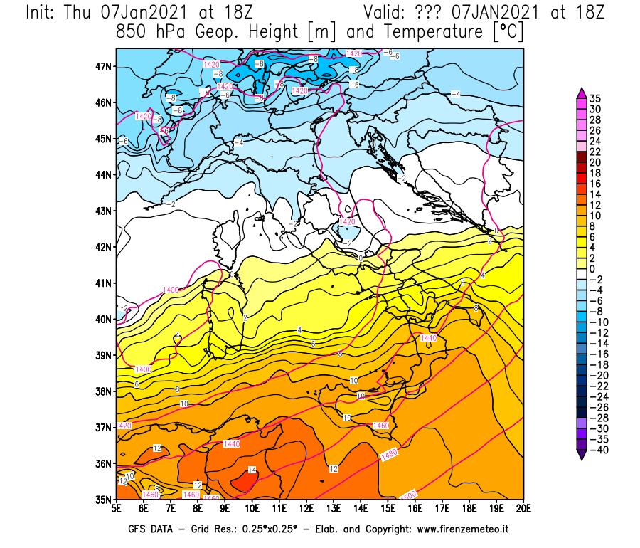 Mappa di analisi GFS - Geopotenziale [m] e Temperatura [°C] a 850 hPa in Italia
							del 07/01/2021 18 <!--googleoff: index-->UTC<!--googleon: index-->