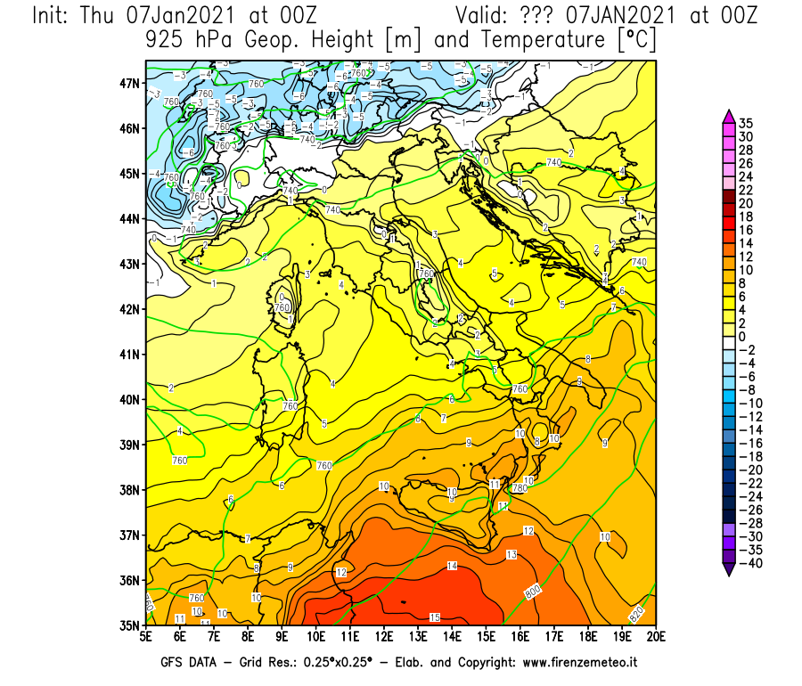 Mappa di analisi GFS - Geopotenziale [m] e Temperatura [°C] a 925 hPa in Italia
							del 07/01/2021 00 <!--googleoff: index-->UTC<!--googleon: index-->