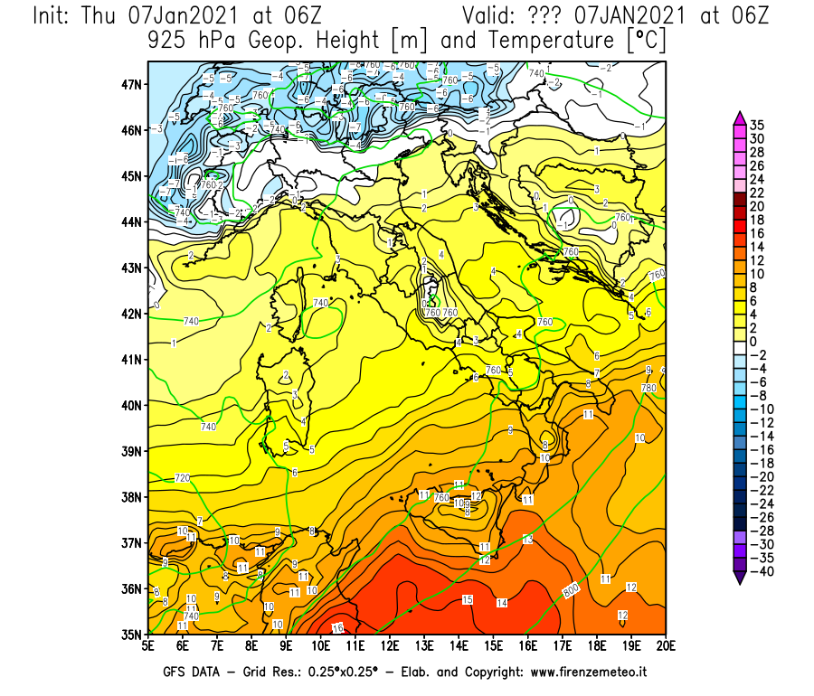 Mappa di analisi GFS - Geopotenziale [m] e Temperatura [°C] a 925 hPa in Italia
							del 07/01/2021 06 <!--googleoff: index-->UTC<!--googleon: index-->