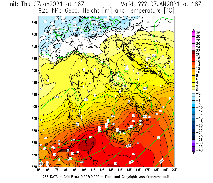 Mappa di analisi GFS - Geopotenziale [m] e Temperatura [°C] a 925 hPa in Italia
							del 07/01/2021 18 <!--googleoff: index-->UTC<!--googleon: index-->