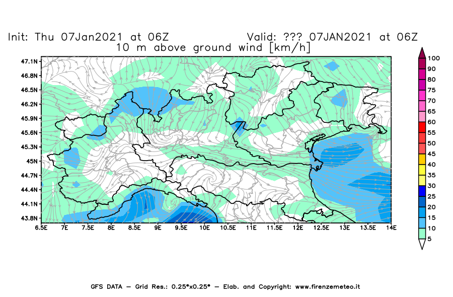 Mappa di analisi GFS - Velocità del vento a 10 metri dal suolo [km/h] in Nord-Italia
							del 07/01/2021 06 <!--googleoff: index-->UTC<!--googleon: index-->
