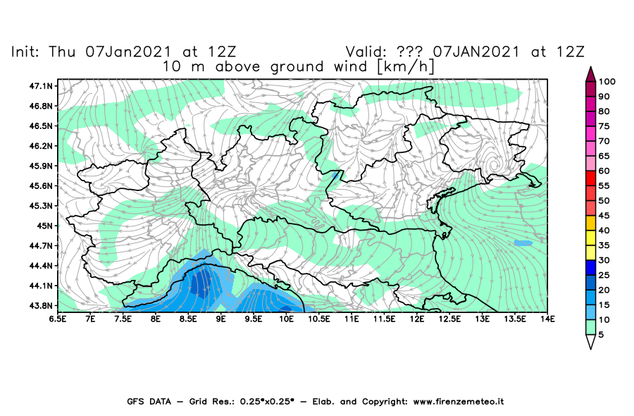 Mappa di analisi GFS - Velocità del vento a 10 metri dal suolo [km/h] in Nord-Italia
							del 07/01/2021 12 <!--googleoff: index-->UTC<!--googleon: index-->