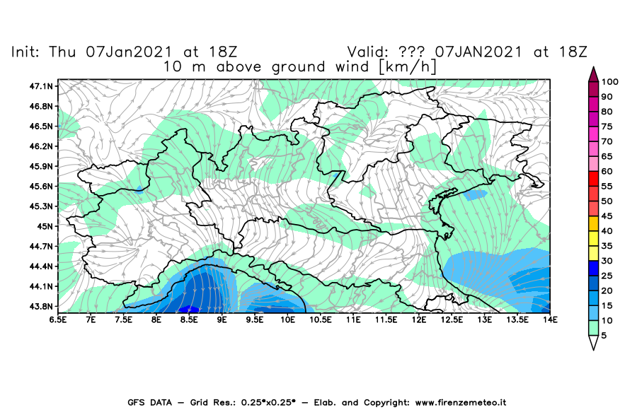 Mappa di analisi GFS - Velocità del vento a 10 metri dal suolo [km/h] in Nord-Italia
							del 07/01/2021 18 <!--googleoff: index-->UTC<!--googleon: index-->