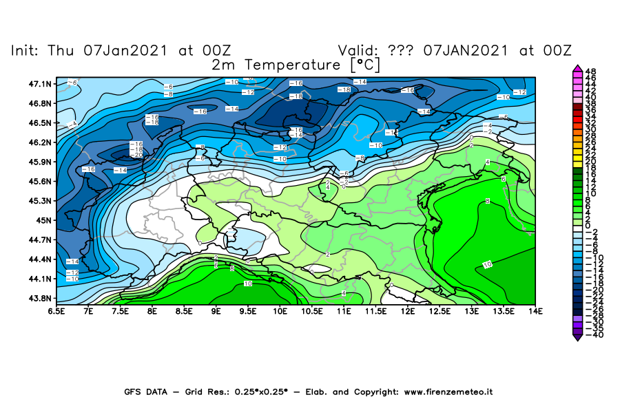 Mappa di analisi GFS - Temperatura a 2 metri dal suolo [°C] in Nord-Italia
							del 07/01/2021 00 <!--googleoff: index-->UTC<!--googleon: index-->