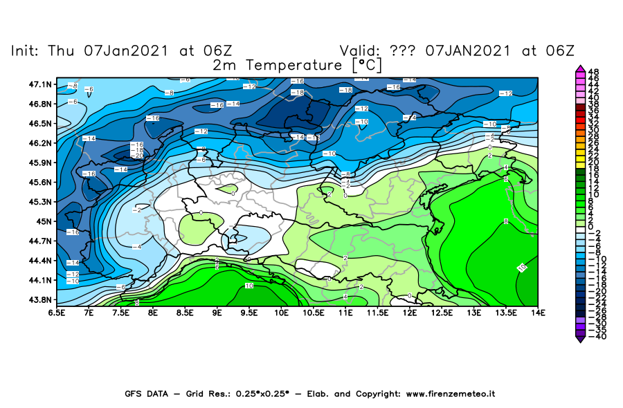 Mappa di analisi GFS - Temperatura a 2 metri dal suolo [°C] in Nord-Italia
							del 07/01/2021 06 <!--googleoff: index-->UTC<!--googleon: index-->