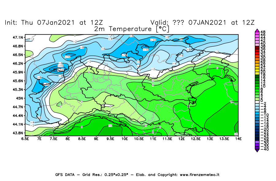 Mappa di analisi GFS - Temperatura a 2 metri dal suolo [°C] in Nord-Italia
							del 07/01/2021 12 <!--googleoff: index-->UTC<!--googleon: index-->