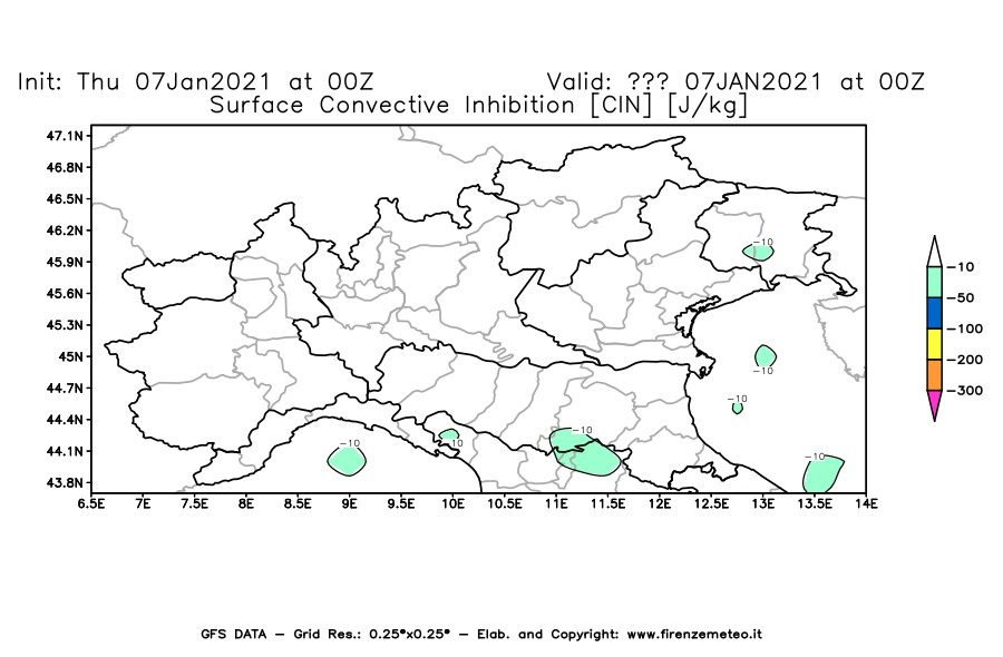 Mappa di analisi GFS - CIN [J/kg] in Nord-Italia
							del 07/01/2021 00 <!--googleoff: index-->UTC<!--googleon: index-->
