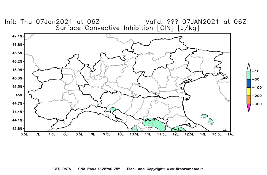 Mappa di analisi GFS - CIN [J/kg] in Nord-Italia
							del 07/01/2021 06 <!--googleoff: index-->UTC<!--googleon: index-->