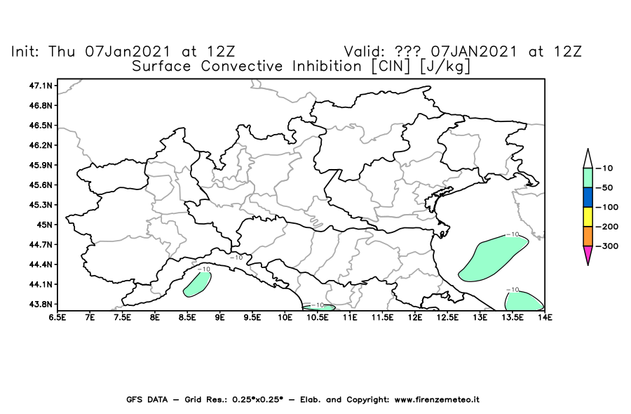 Mappa di analisi GFS - CIN [J/kg] in Nord-Italia
							del 07/01/2021 12 <!--googleoff: index-->UTC<!--googleon: index-->