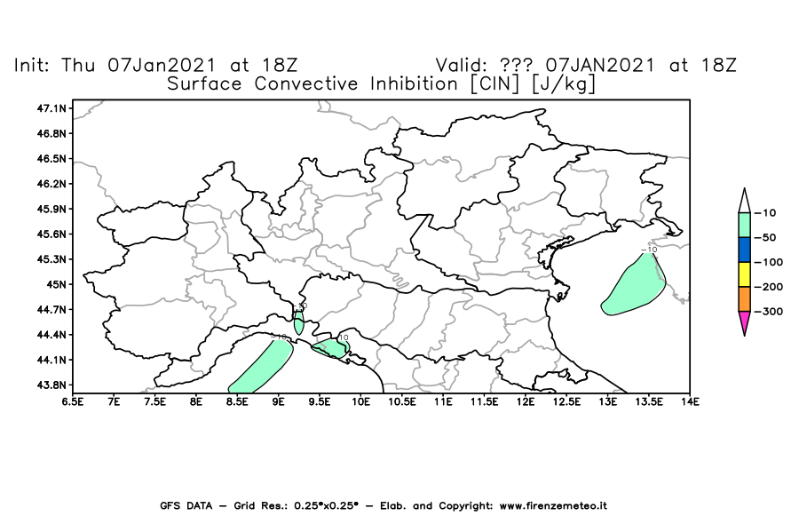 Mappa di analisi GFS - CIN [J/kg] in Nord-Italia
							del 07/01/2021 18 <!--googleoff: index-->UTC<!--googleon: index-->