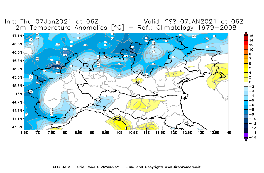 Mappa di analisi GFS - Anomalia Temperatura [°C] a 2 m in Nord-Italia
							del 07/01/2021 06 <!--googleoff: index-->UTC<!--googleon: index-->
