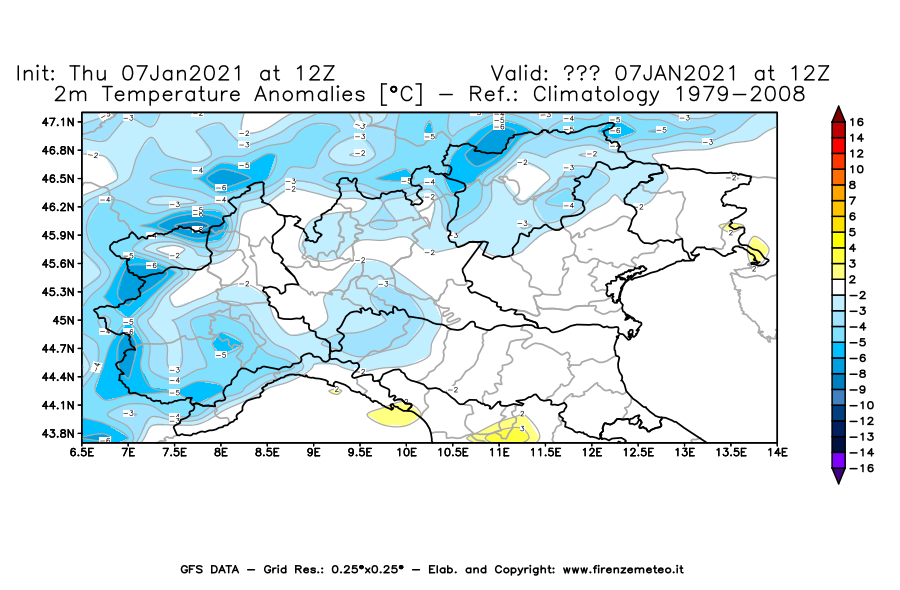 Mappa di analisi GFS - Anomalia Temperatura [°C] a 2 m in Nord-Italia
							del 07/01/2021 12 <!--googleoff: index-->UTC<!--googleon: index-->