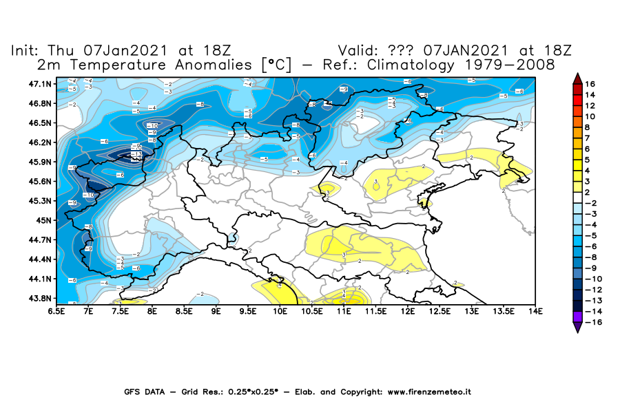 Mappa di analisi GFS - Anomalia Temperatura [°C] a 2 m in Nord-Italia
							del 07/01/2021 18 <!--googleoff: index-->UTC<!--googleon: index-->