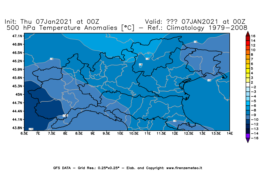 Mappa di analisi GFS - Anomalia Temperatura [°C] a 500 hPa in Nord-Italia
							del 07/01/2021 00 <!--googleoff: index-->UTC<!--googleon: index-->