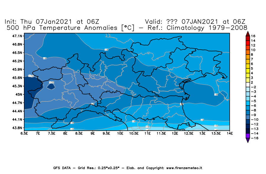 Mappa di analisi GFS - Anomalia Temperatura [°C] a 500 hPa in Nord-Italia
							del 07/01/2021 06 <!--googleoff: index-->UTC<!--googleon: index-->