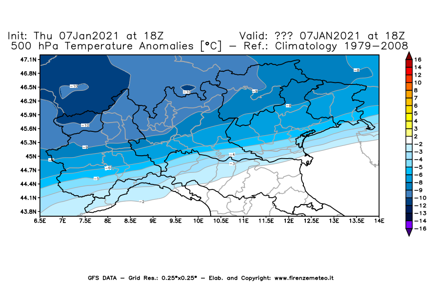 Mappa di analisi GFS - Anomalia Temperatura [°C] a 500 hPa in Nord-Italia
							del 07/01/2021 18 <!--googleoff: index-->UTC<!--googleon: index-->
