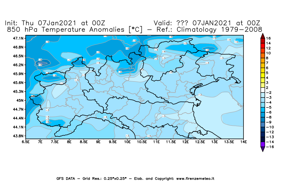 Mappa di analisi GFS - Anomalia Temperatura [°C] a 850 hPa in Nord-Italia
							del 07/01/2021 00 <!--googleoff: index-->UTC<!--googleon: index-->