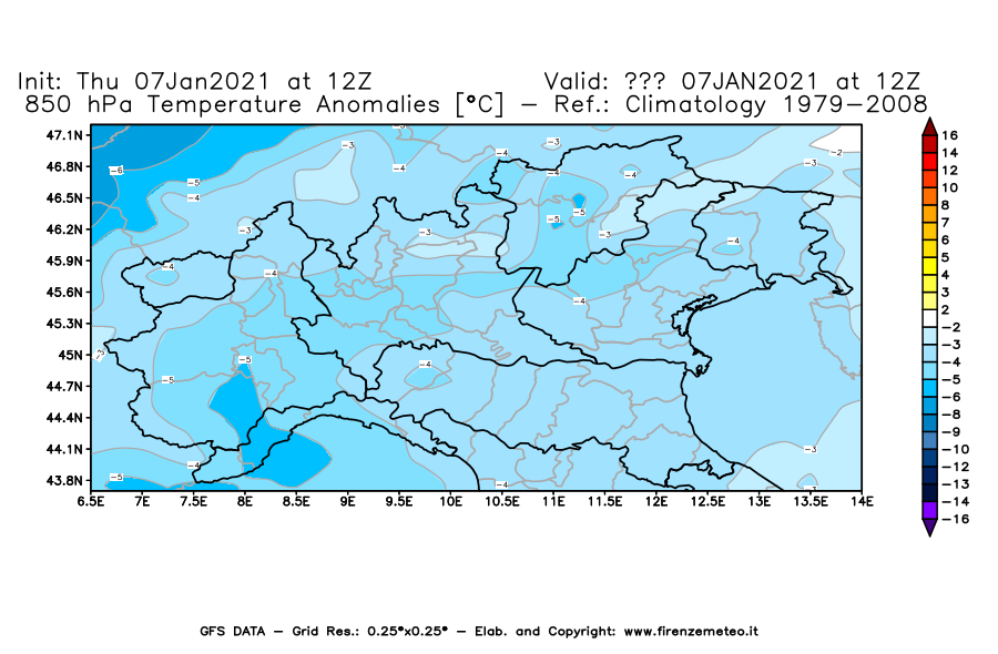 Mappa di analisi GFS - Anomalia Temperatura [°C] a 850 hPa in Nord-Italia
							del 07/01/2021 12 <!--googleoff: index-->UTC<!--googleon: index-->