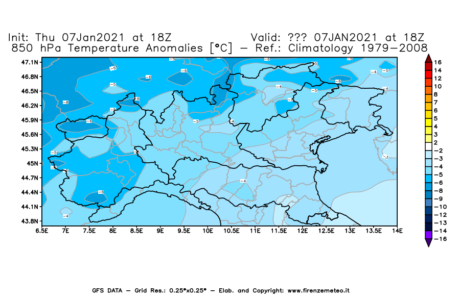 Mappa di analisi GFS - Anomalia Temperatura [°C] a 850 hPa in Nord-Italia
							del 07/01/2021 18 <!--googleoff: index-->UTC<!--googleon: index-->