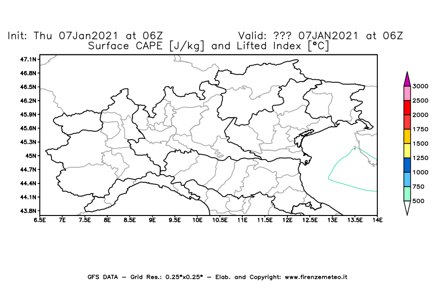 Mappa di analisi GFS - CAPE [J/kg] e Lifted Index [°C] in Nord-Italia
							del 07/01/2021 06 <!--googleoff: index-->UTC<!--googleon: index-->