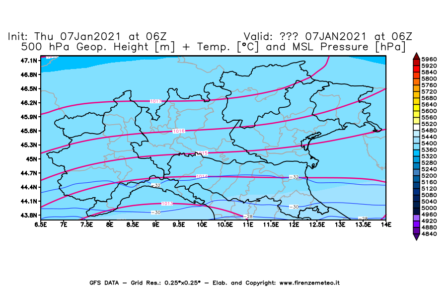 Mappa di analisi GFS - Geopotenziale [m] + Temp. [°C] a 500 hPa + Press. a livello del mare [hPa] in Nord-Italia
							del 07/01/2021 06 <!--googleoff: index-->UTC<!--googleon: index-->