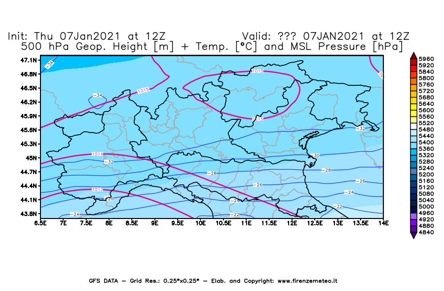 Mappa di analisi GFS - Geopotenziale [m] + Temp. [°C] a 500 hPa + Press. a livello del mare [hPa] in Nord-Italia
							del 07/01/2021 12 <!--googleoff: index-->UTC<!--googleon: index-->