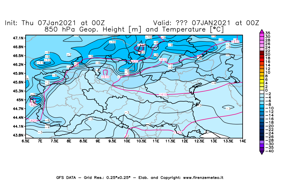 Mappa di analisi GFS - Geopotenziale [m] e Temperatura [°C] a 850 hPa in Nord-Italia
							del 07/01/2021 00 <!--googleoff: index-->UTC<!--googleon: index-->