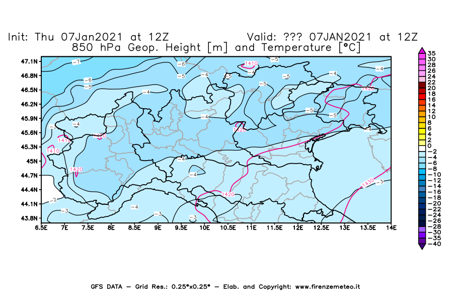 Mappa di analisi GFS - Geopotenziale [m] e Temperatura [°C] a 850 hPa in Nord-Italia
							del 07/01/2021 12 <!--googleoff: index-->UTC<!--googleon: index-->