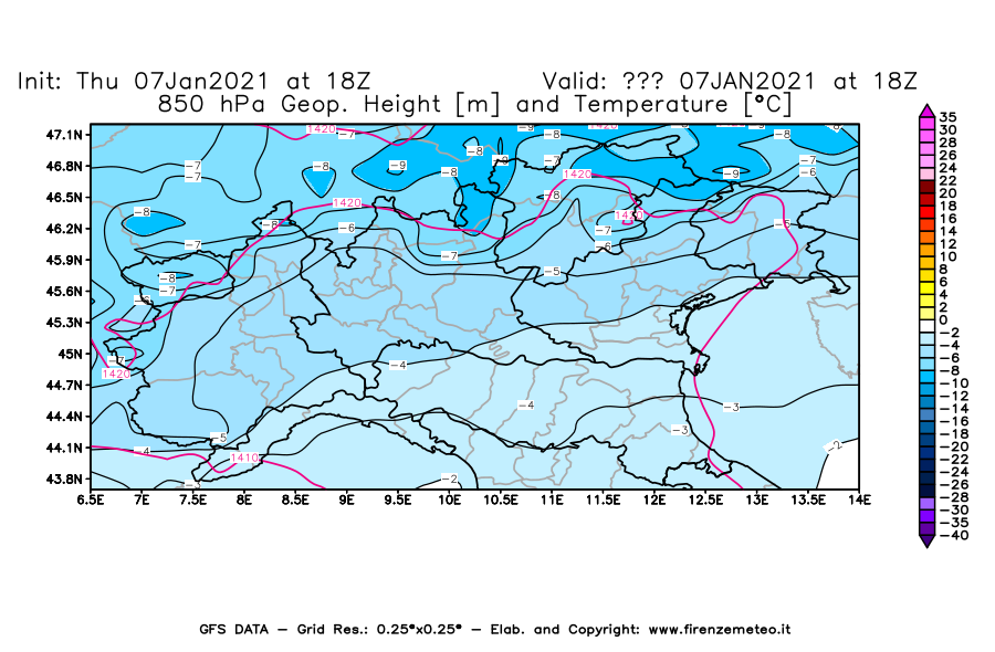 Mappa di analisi GFS - Geopotenziale [m] e Temperatura [°C] a 850 hPa in Nord-Italia
							del 07/01/2021 18 <!--googleoff: index-->UTC<!--googleon: index-->