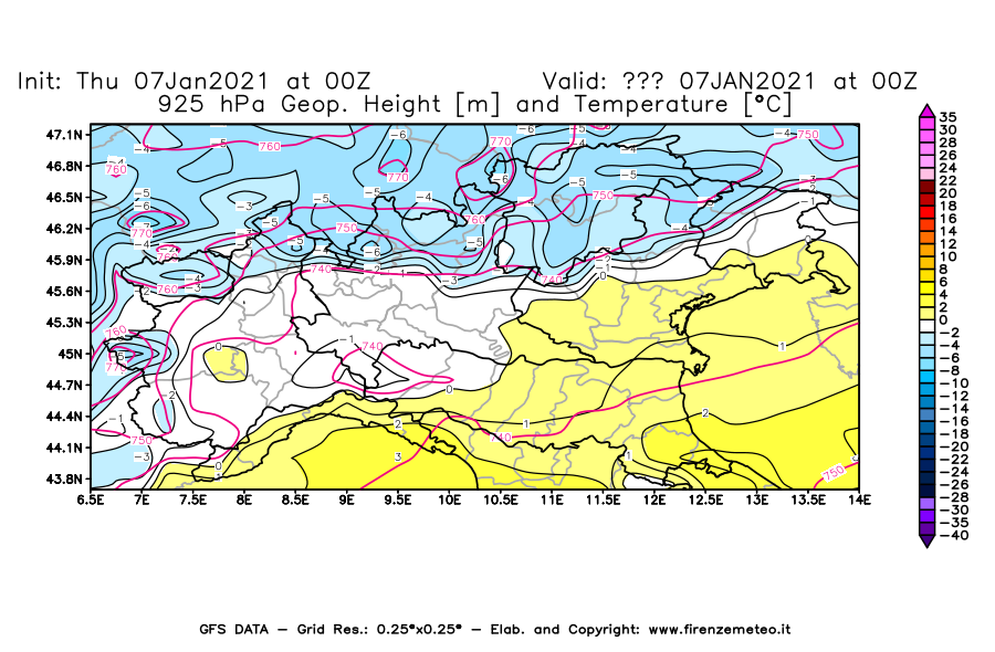 Mappa di analisi GFS - Geopotenziale [m] e Temperatura [°C] a 925 hPa in Nord-Italia
							del 07/01/2021 00 <!--googleoff: index-->UTC<!--googleon: index-->
