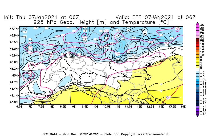 Mappa di analisi GFS - Geopotenziale [m] e Temperatura [°C] a 925 hPa in Nord-Italia
							del 07/01/2021 06 <!--googleoff: index-->UTC<!--googleon: index-->