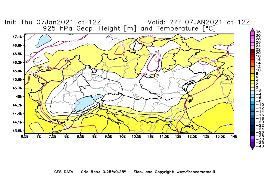 Mappa di analisi GFS - Geopotenziale [m] e Temperatura [°C] a 925 hPa in Nord-Italia
							del 07/01/2021 12 <!--googleoff: index-->UTC<!--googleon: index-->