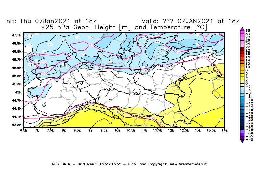 Mappa di analisi GFS - Geopotenziale [m] e Temperatura [°C] a 925 hPa in Nord-Italia
							del 07/01/2021 18 <!--googleoff: index-->UTC<!--googleon: index-->