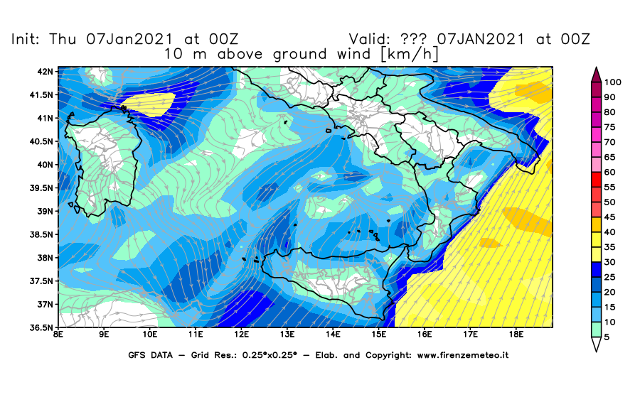 Mappa di analisi GFS - Velocità del vento a 10 metri dal suolo [km/h] in Sud-Italia
							del 07/01/2021 00 <!--googleoff: index-->UTC<!--googleon: index-->