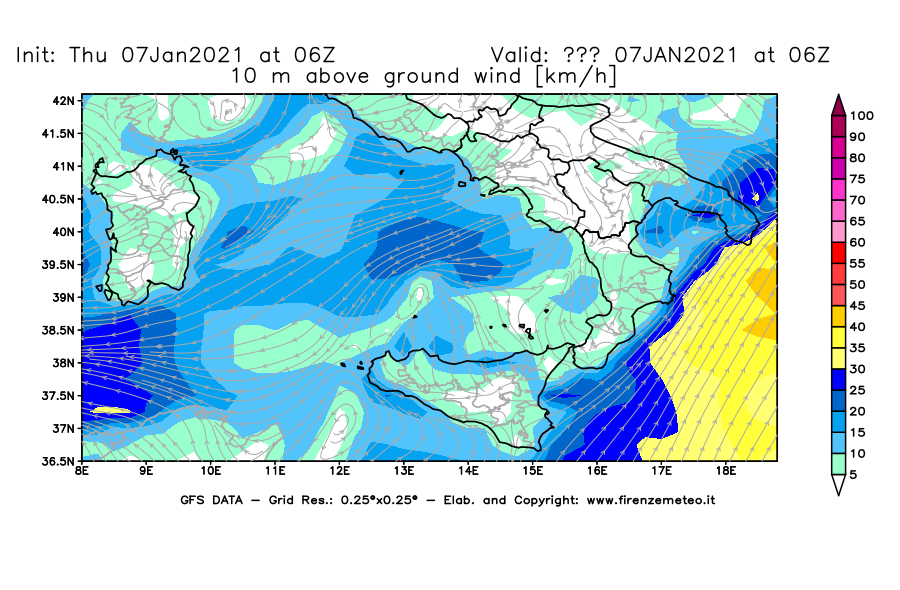 Mappa di analisi GFS - Velocità del vento a 10 metri dal suolo [km/h] in Sud-Italia
							del 07/01/2021 06 <!--googleoff: index-->UTC<!--googleon: index-->