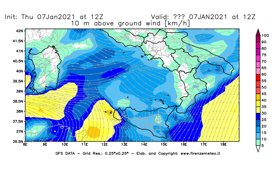 Mappa di analisi GFS - Velocità del vento a 10 metri dal suolo [km/h] in Sud-Italia
							del 07/01/2021 12 <!--googleoff: index-->UTC<!--googleon: index-->