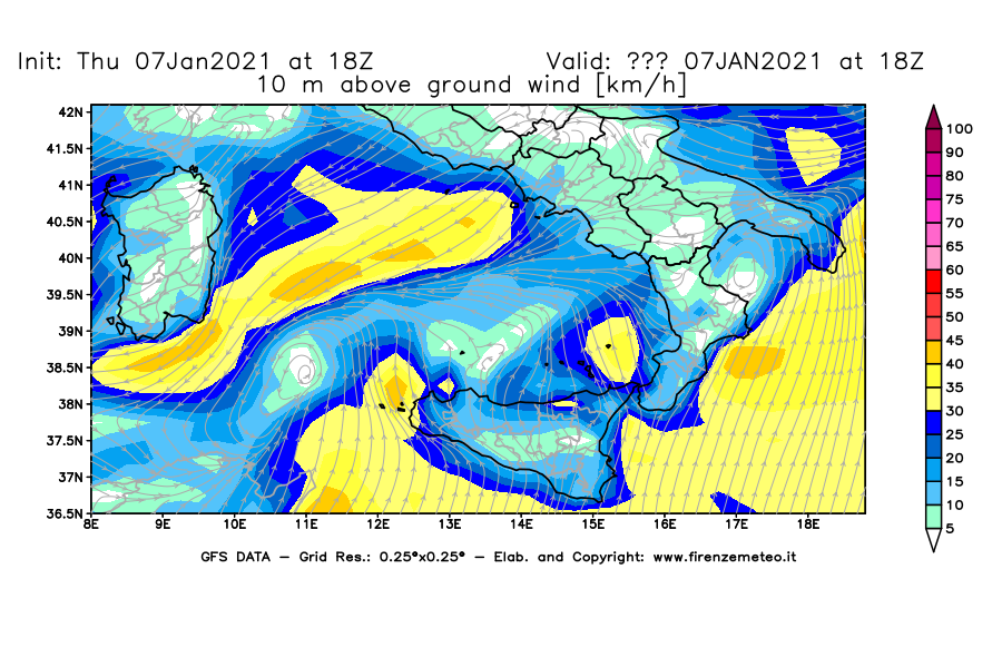 Mappa di analisi GFS - Velocità del vento a 10 metri dal suolo [km/h] in Sud-Italia
							del 07/01/2021 18 <!--googleoff: index-->UTC<!--googleon: index-->
