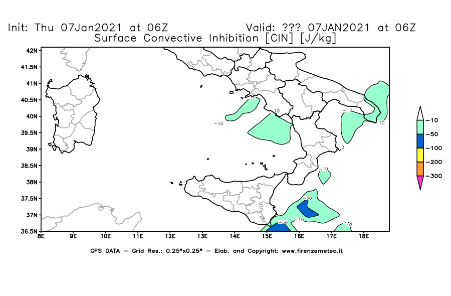 Mappa di analisi GFS - CIN [J/kg] in Sud-Italia
							del 07/01/2021 06 <!--googleoff: index-->UTC<!--googleon: index-->
