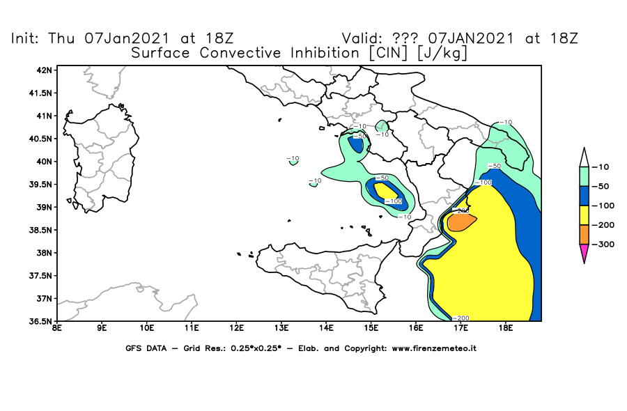 Mappa di analisi GFS - CIN [J/kg] in Sud-Italia
							del 07/01/2021 18 <!--googleoff: index-->UTC<!--googleon: index-->