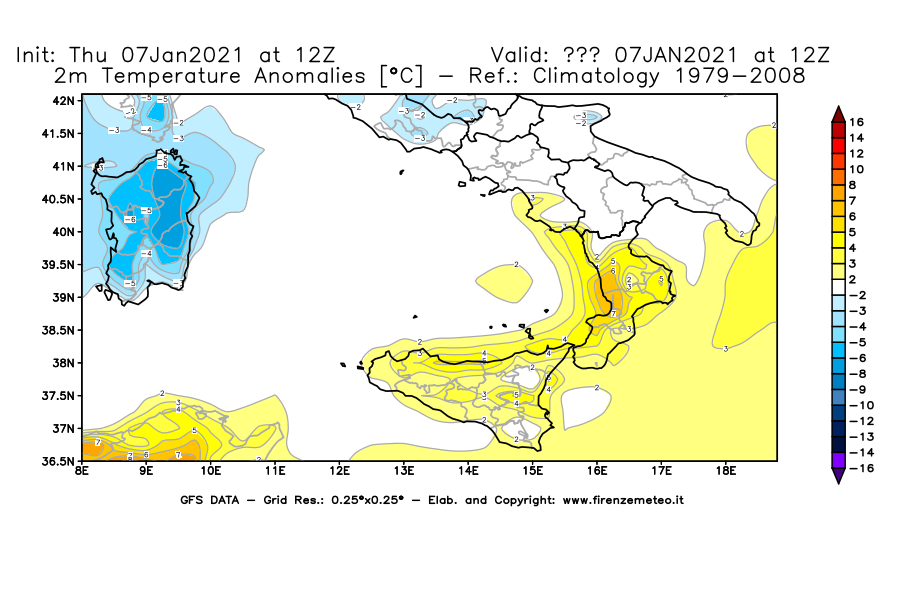 Mappa di analisi GFS - Anomalia Temperatura [°C] a 2 m in Sud-Italia
							del 07/01/2021 12 <!--googleoff: index-->UTC<!--googleon: index-->