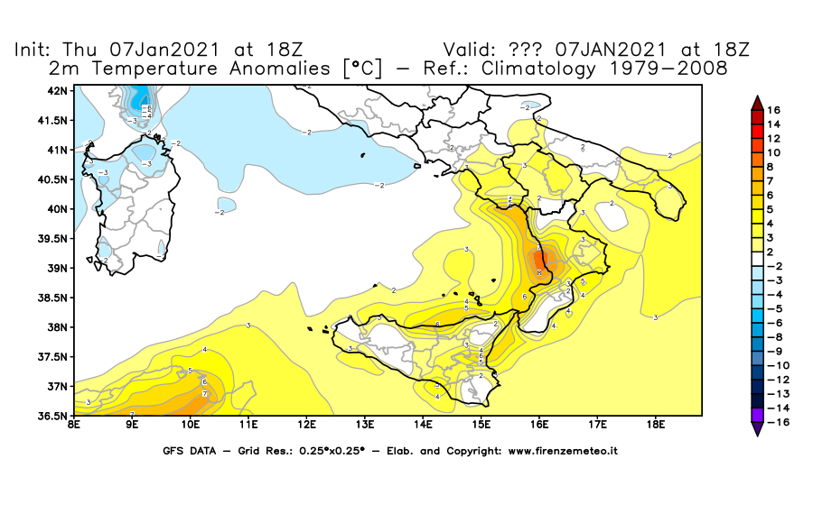 Mappa di analisi GFS - Anomalia Temperatura [°C] a 2 m in Sud-Italia
							del 07/01/2021 18 <!--googleoff: index-->UTC<!--googleon: index-->