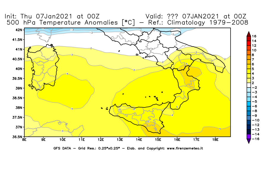 Mappa di analisi GFS - Anomalia Temperatura [°C] a 500 hPa in Sud-Italia
							del 07/01/2021 00 <!--googleoff: index-->UTC<!--googleon: index-->